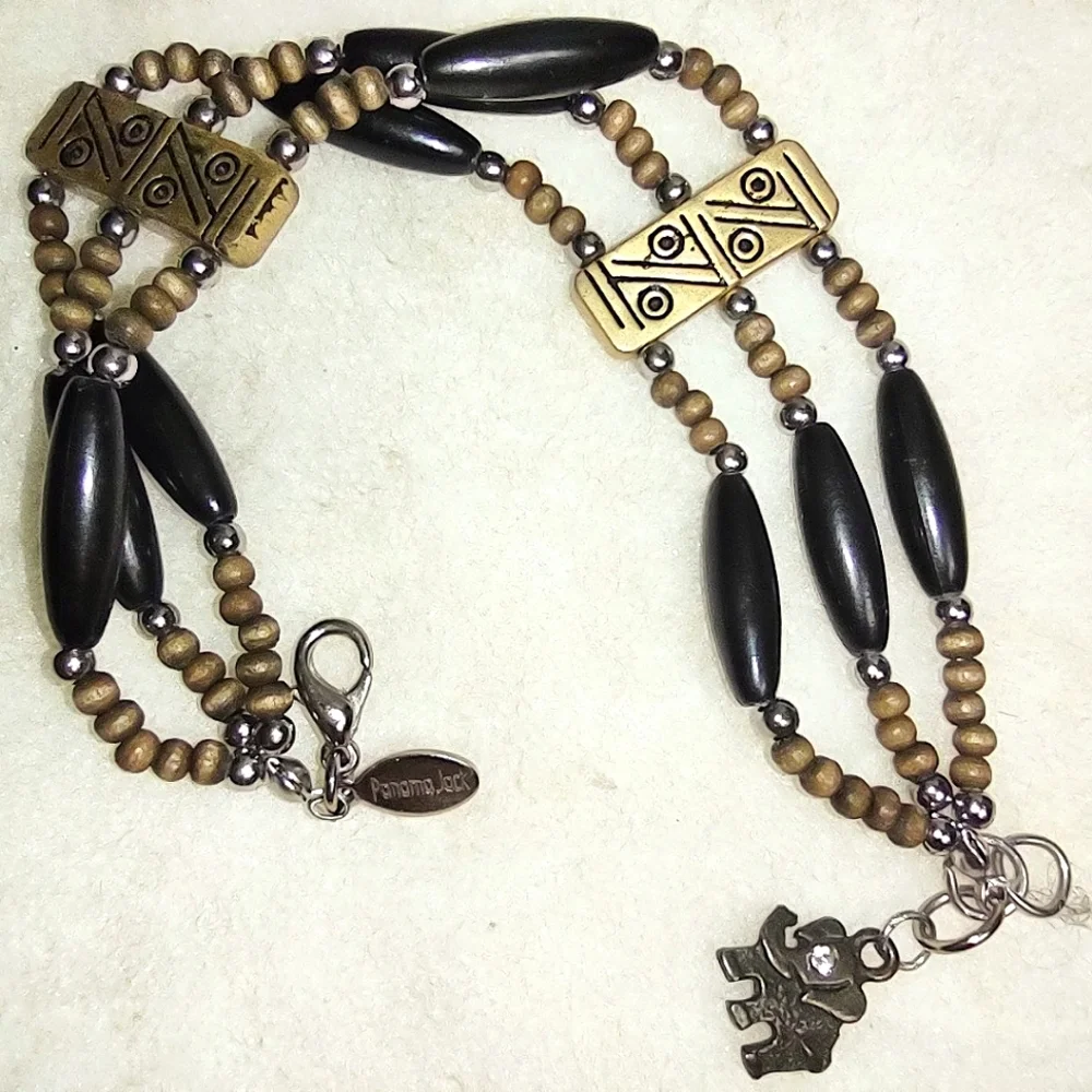 Tri-strand Black Beaded Wooden Beads Antique Gold Bracelet Elephant Charm